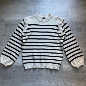 PrettyGarden Striped Balloon Sleeve Sweater Cream‎ Black Ribbed Knit Small